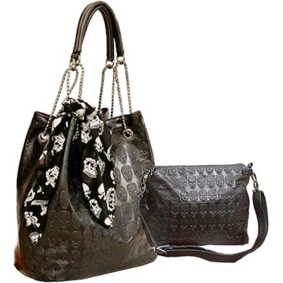 Womens Skull Print PU Leather Hobo Tote Shoulder Bag Package Handbag with Gift - Picture 7 of 7